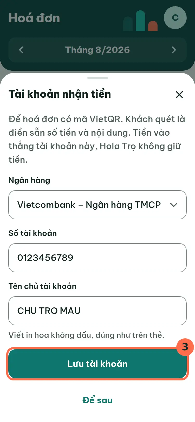 Nút Lưu tài khoản được đánh số 3.