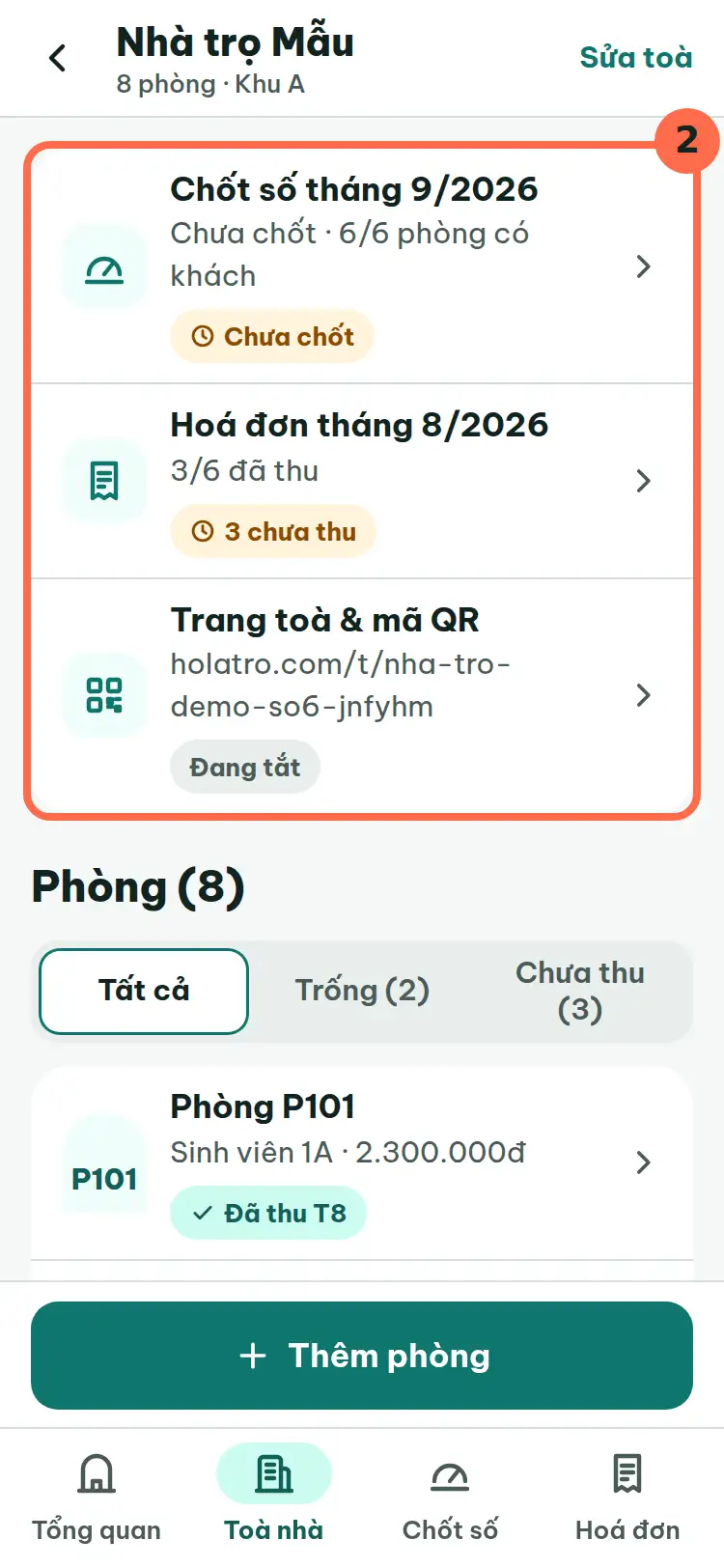 Màn một toà nhà, ba dòng Chốt số, Hoá đơn và Trang toà & mã QR được đánh số 2.