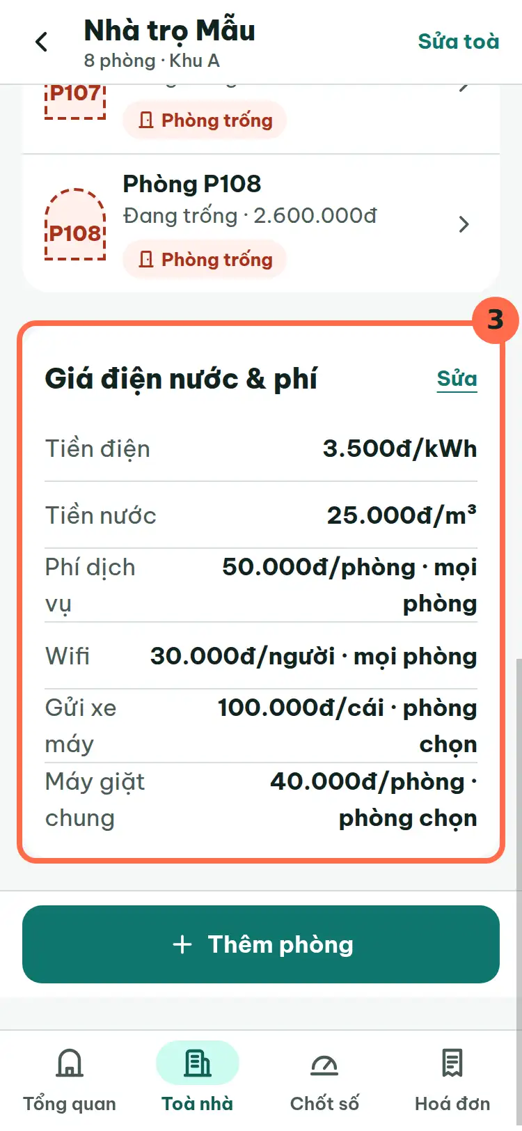 Khung Giá điện nước & phí ở cuối màn toà nhà được đánh số 3.